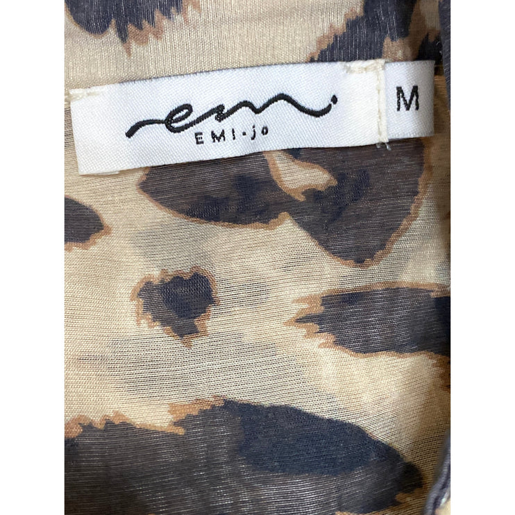 Emi-Jo Women's Leopard Print Collared Long Sleeve Button Down Shirt Blouse Top M