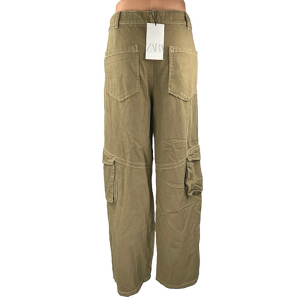 NEW Zara Women's Brown Beige Straight Wide Leg High Waist Cargo Trousers Pants M