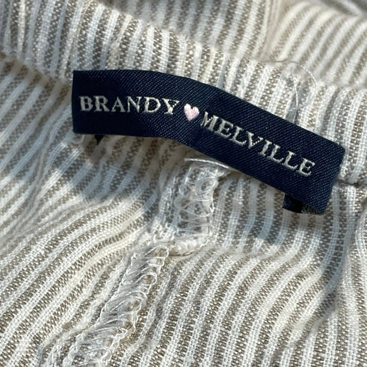 Brandy Melville 100% Linen Green Striped Dawstring Wide Leg Trousers Pants Sz S