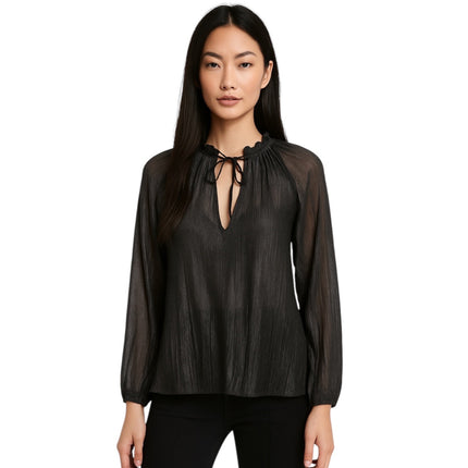 Sanctuary Live It Up Gray Metallic Long Sleeve Ruffle Tie V-Neck Blouse Top XS