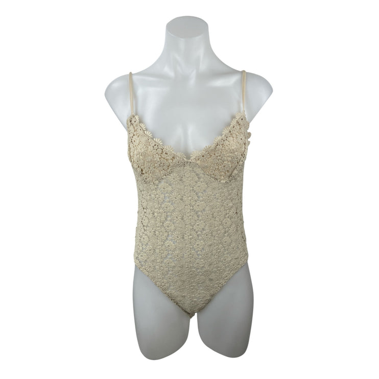 H&M Women's Beige Floral Lace Eyelet Crochet Sleeveless Camisole Tank Bodysuit M