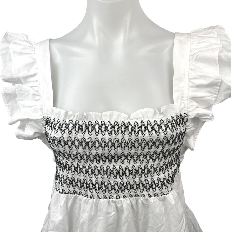 En Saison White Black Boho Smocked Tiered Ruffle Peplum Blouse Top Size L