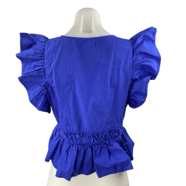 Aqua Women's Blue Ruffle Sleeve V Neck Tie Knot Ruched Peplum Blouse Top Size S