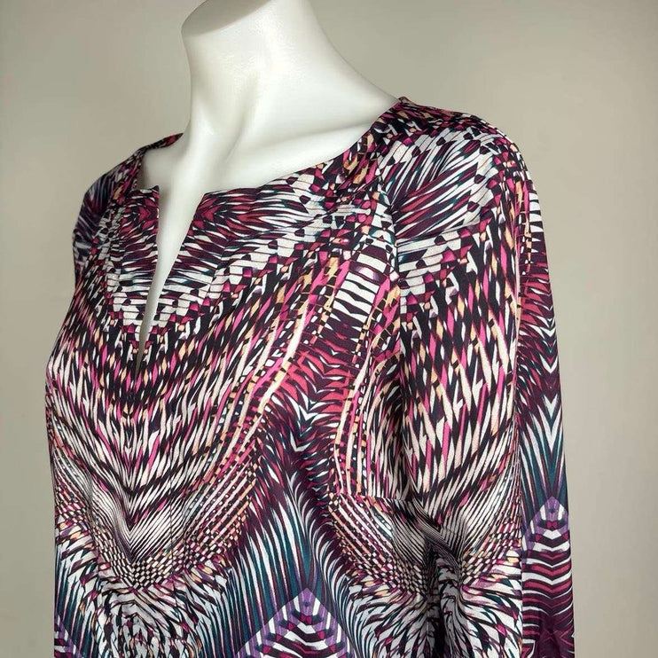 Anne Klein Multicolor Long Sleeve V Split Neck Geometric Shift Midi Dress Size 4