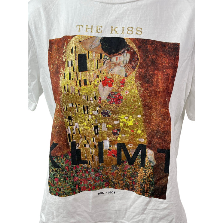 Zara Women's White The Kiss Klimt Painting Short Sleeve T Shirt Tee Top Size S