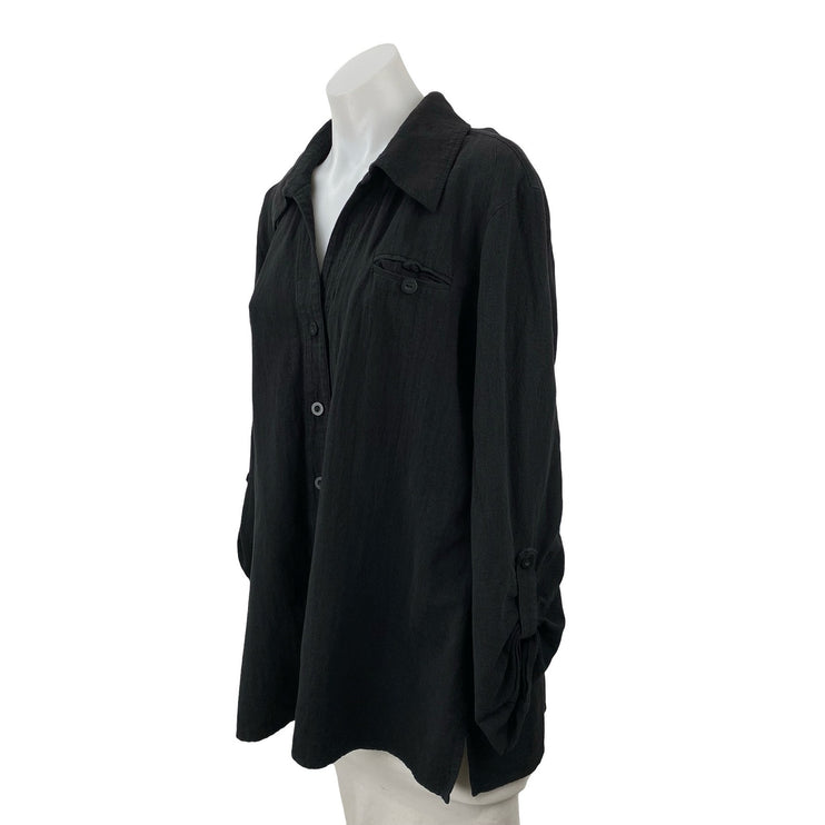 Chico's Women's Black Roll Tab Long Sleeve Pocket Button Down Shirt Top Size 3
