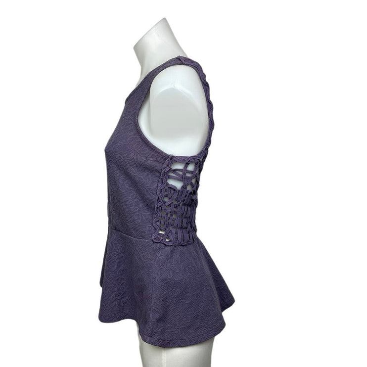 Free People Floral Cotton Purple Sleeveless Round Crochet Peplum Tank Top Size S