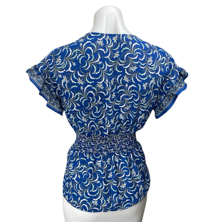 Max Studio Blue Floral Short Flutter Sleeve Tie Waist Peplum Blouse Top Size XS