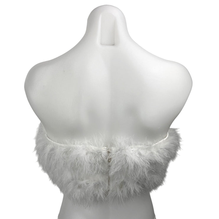 Womens White Faux Fur Fuzzy Fluffy Fringe Feather Strapless Tube Crop Top Size S