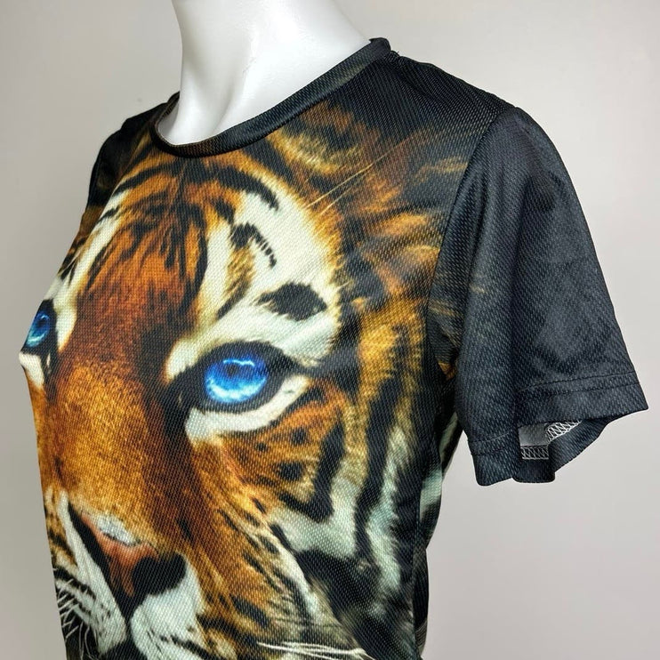 Women’s Tiger Graphic Multicolor Mesh Short Sleeve Pullover T-Shirt Top Size XS