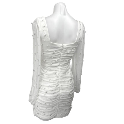 Lulus Admirably Divine White Mesh Pearl Beaded Long Sleeve Mini Bodycon Dress S