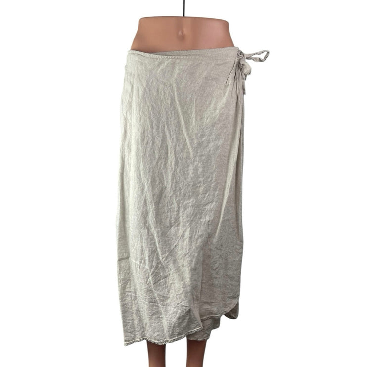 Oysho Women's Gray 100% Linen Tie High Waisted Straight Midi Wrap Skirt Size M