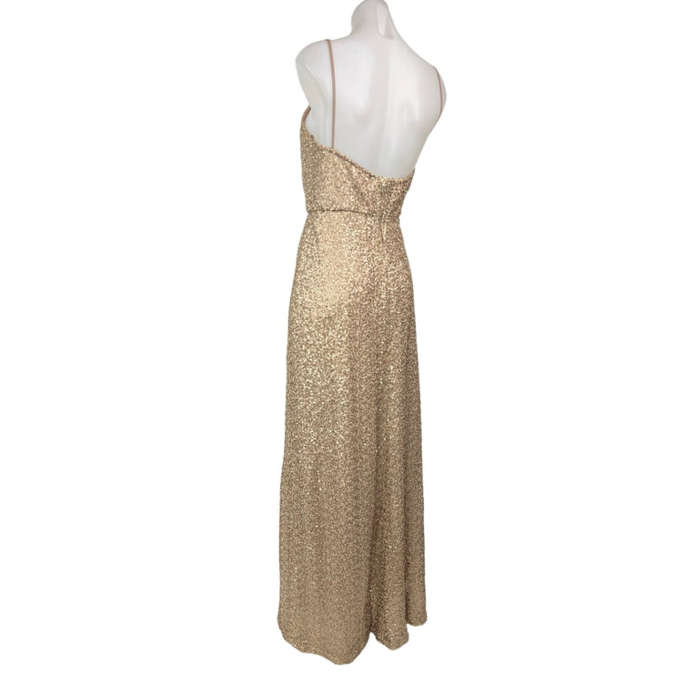 Amsale Samantha Gold Sequin Spaghetti Strap V Neck Evening Prom Gown Dress Sz 8