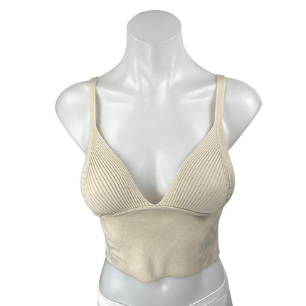 Zara Cream Ribbed Knit Sleeveless V-Neck Cami Camisole Tank Crop Top Size S