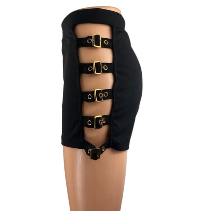 Kaylee Kollection Women's Black Cutout Buckle High Waisted Zip Mini Shorts Sz M