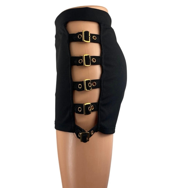 Kaylee Kollection Women's Black Cutout Buckle High Waisted Zip Mini Shorts Sz M