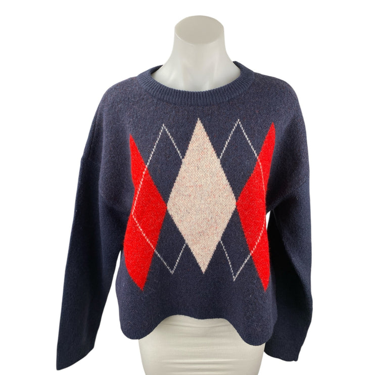 Aqua Women's Navy Blue Argyle Knit Long Sleeve Crew Neck Sweater Top Size L