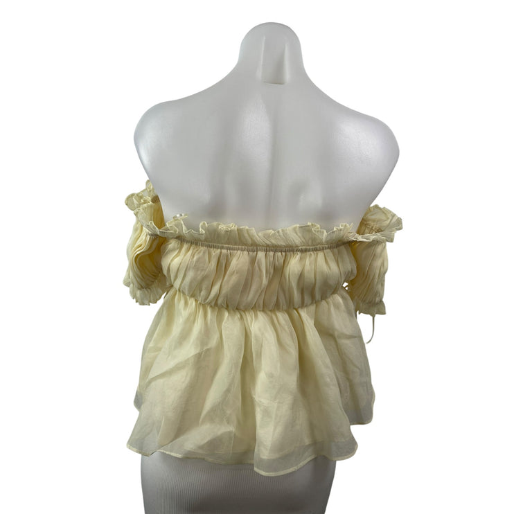 Lush Womens Cream Tulle Sheer Short Sleeve Off Shoulder Crop Peplum Blouse Top S