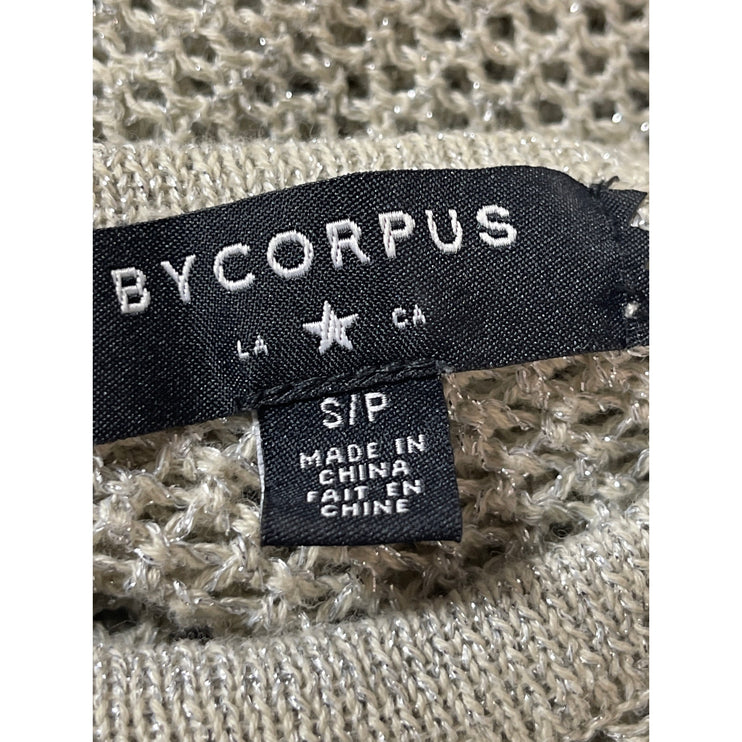 By Corpus Olive Green Metallic Open Knit Crochet Long Sleeve Sweater Top Sz S/P