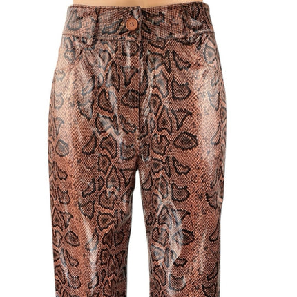 PrettyLittleThing Brown Snakeskin Leather Straight High Waisted Trousers Pants 4