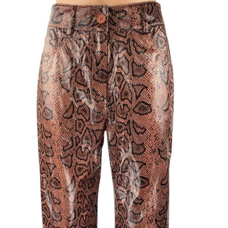 PrettyLittleThing Brown Snakeskin Leather Straight High Waisted Trousers Pants 4