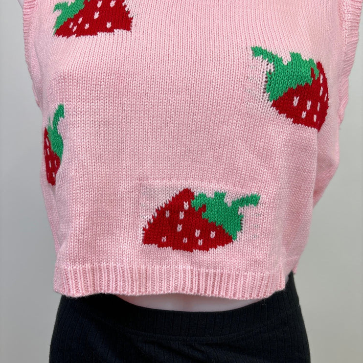 Shein Women Pink Strawberry Print Knit Crew Neck Crop Sleeveless Vest Sweater  S