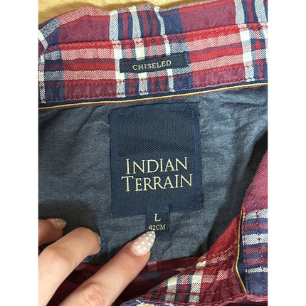 Indian Terrain Chiseled Men's Red Plaid Long Sleeve Button Up Shirt Top Size L