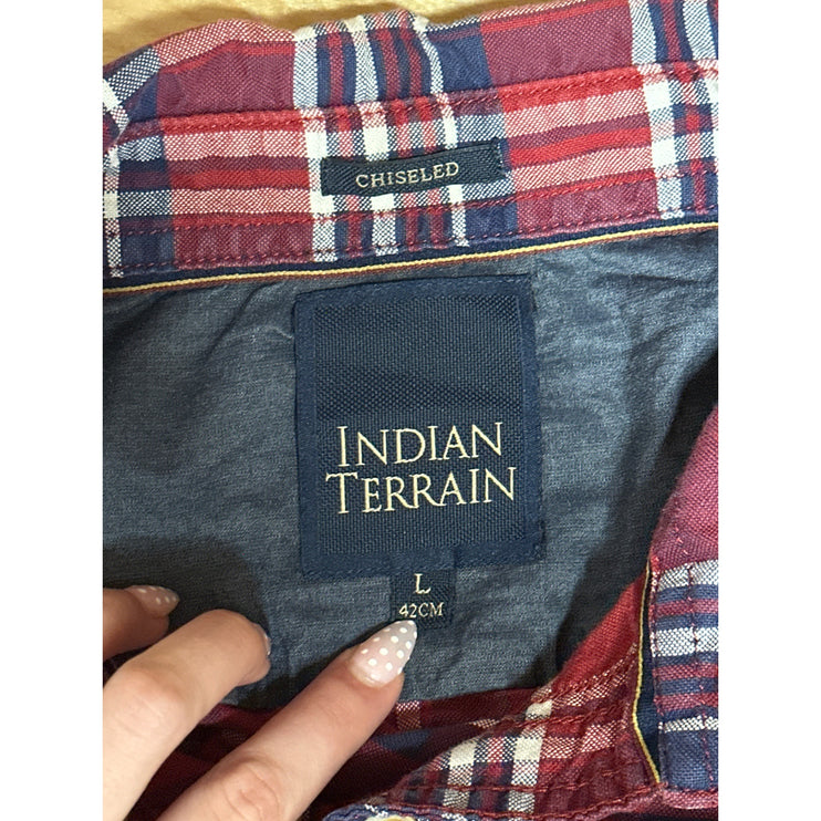 Indian Terrain Chiseled Men's Red Plaid Long Sleeve Button Up Shirt Top Size L