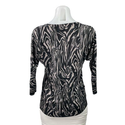 DKNY Women's Black Swirl Animal Print 3/4 Sleeve Round Neck Knit Top Size XS