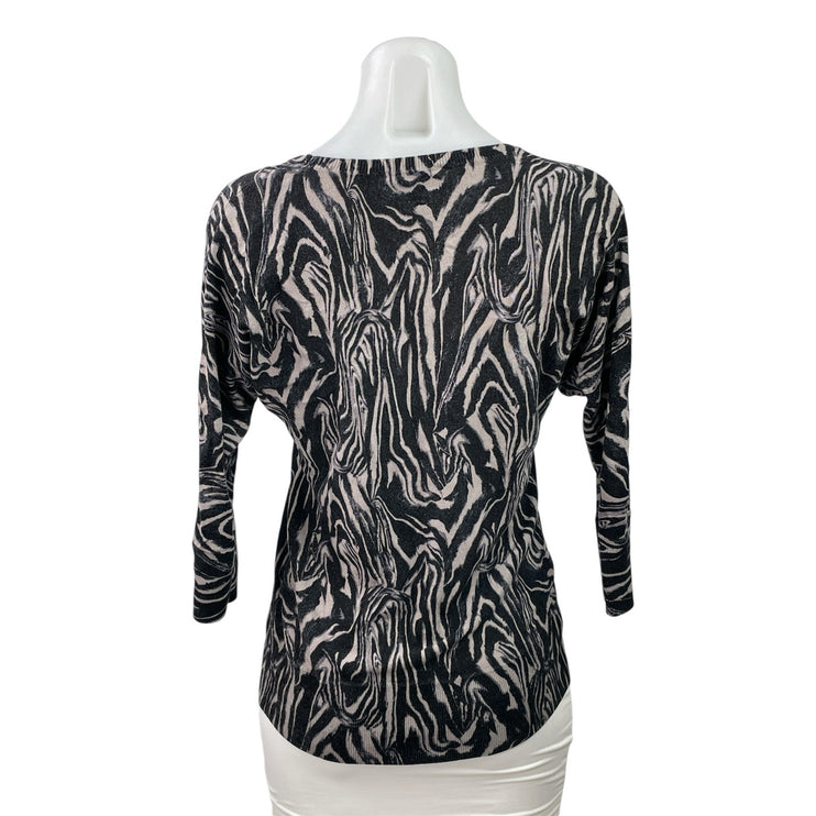 DKNY Women's Black Swirl Animal Print 3/4 Sleeve Round Neck Knit Top Size XS