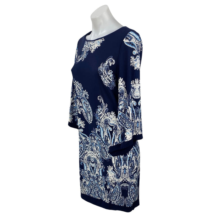 Roz & Ali Petite Women's Blue White Paisley 3/4 Bell Sleeves Midi Shift Dress 6