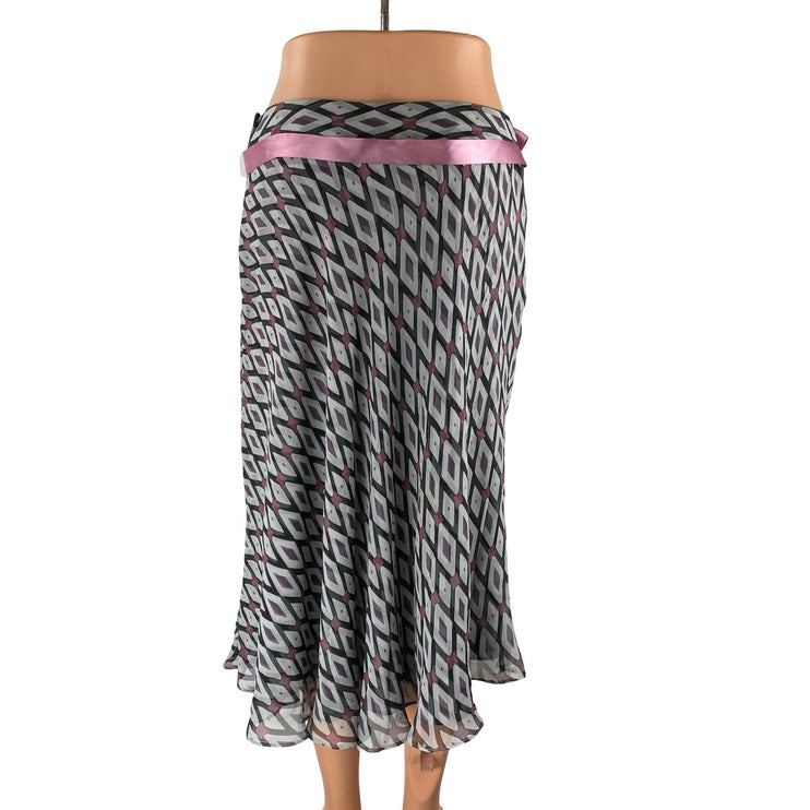 Jones New York Multicolor Satin Bow Tie Belt Geometric Flare Midi Skirt Size 28