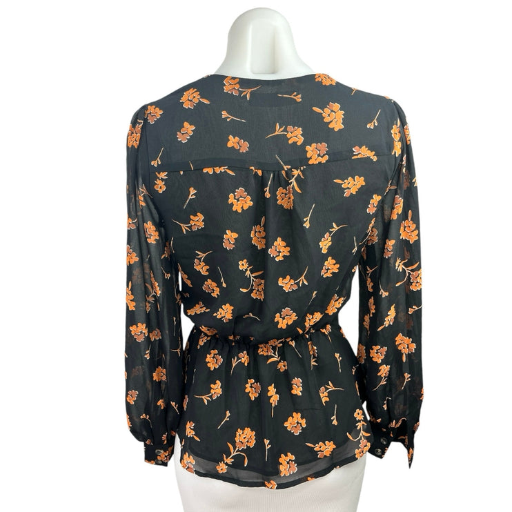 ASTR The Label Black Orange Floral Long Sleeve Button Wrap Blouse Top Size XS