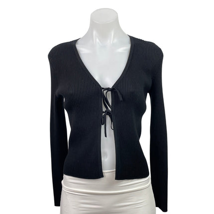 Aqua Women's Black Ribbed Knit Long Sleeve Tie V Neck Cardigan Crop Top Size XS