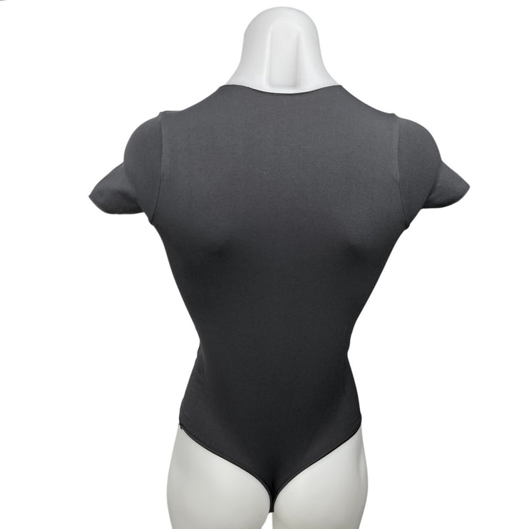 Skims Black Mock Neck Short Sleeve Stretch Bodysuit Thong T shirt Top Size S/M