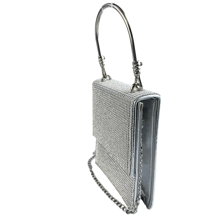 Badgley Mischka Silver Rhinestone Studded Gemstone Bridal Hard Satchel Handbag