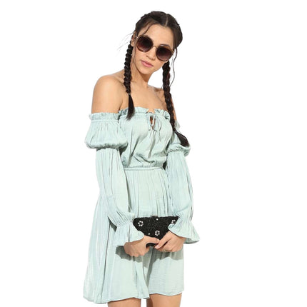 Forever 21 Green Off Shoulder Ruffle Tie Long Sleeve Elastic Waist Mini Dress M