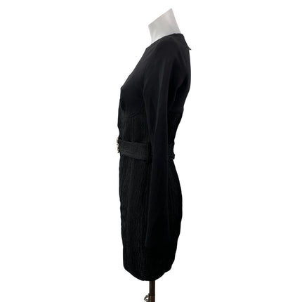 NEW Bebe Black Long Sleeve Belted Bustier Crew Neck Mini Sheath Dress Size 4