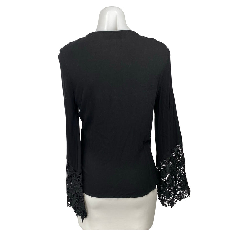 Vintage Havana Women's Black Long Sleeve Lace Trim V Neck Crop Wrap Blouse Top M