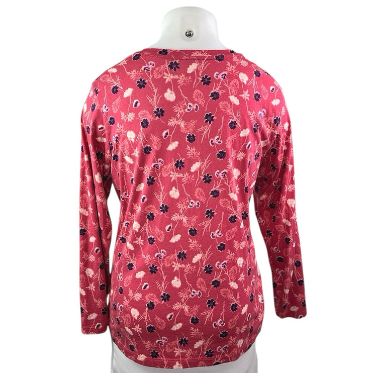 Lands' End Women's Pink Red Floral Cotton Long Sleeve Tee T-shirt Top Size XL