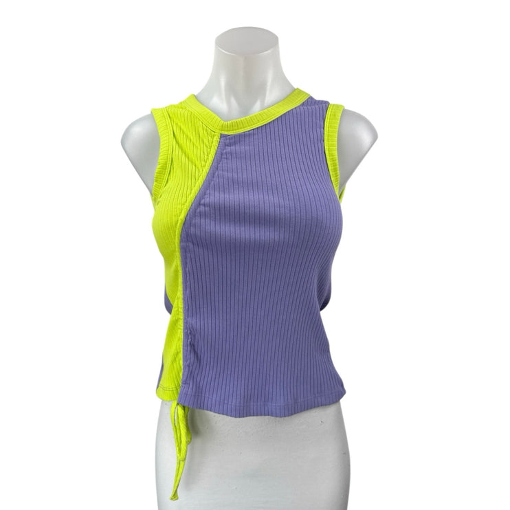 NEW Daydreamer Purple Yellow Ruched Colorblock Sleeveless Cami Crop Tank Top M