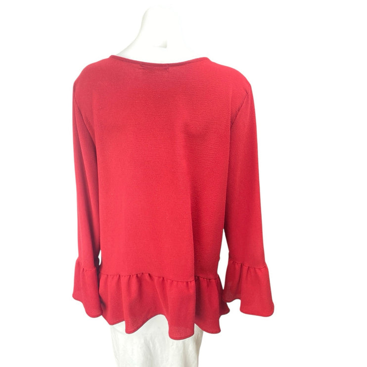 Gibson Women's Red Long Bell Sleeve Knit Ruffle Round Neck Sweater Top Size L