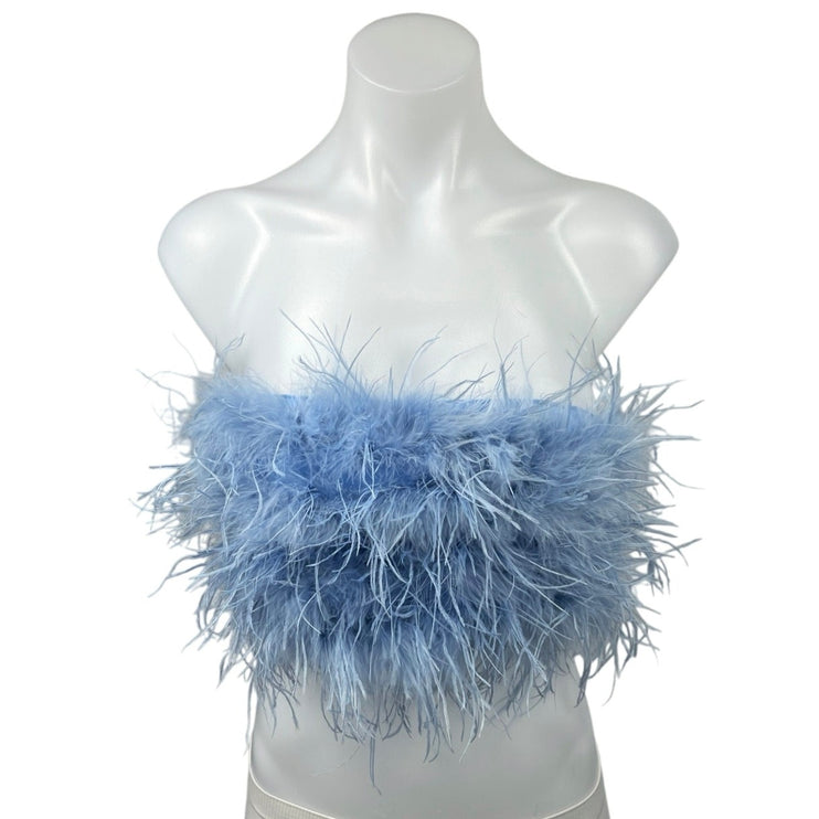 Fashion Nova Blue Feather Fuzzy Strapless Bandeau Bustier Crop Tube Top Size S