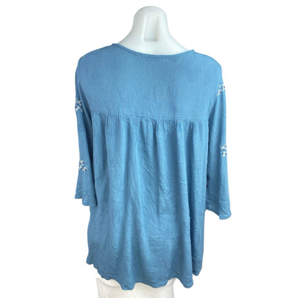 Max Blue Floral Embroidered Crochet Half Sleeve V Neck Babydoll Blouse Top Sz M
