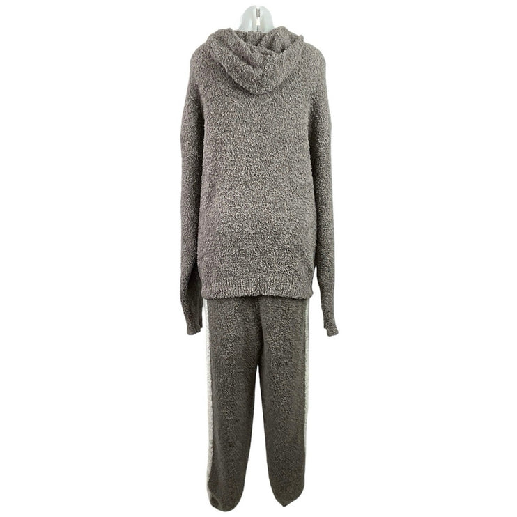 Skims Women's Gray Cozy Knit Teddy Stripe Fleece Hoodie Jogger Lounge Set S/M