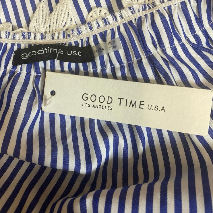 NEW Good Times Blue White Striped Floral Short Puff Sleeve Blouse Top Sz 1X/2X