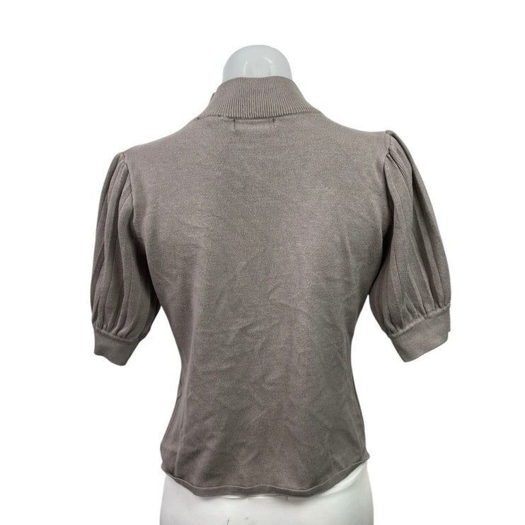 Tahari Women's Gray Turtle Neck Pleated Short Puff Sleeve Sweater Blouse Top M
