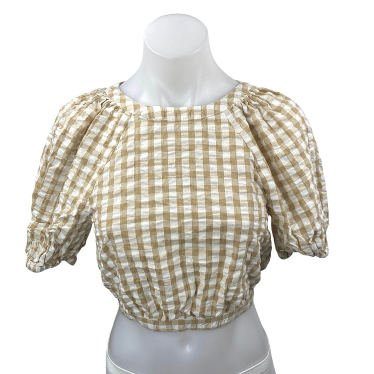 BP. Beige White Gingham Check Short Puff Sleeve Open Back Cropped Blouse Top XS