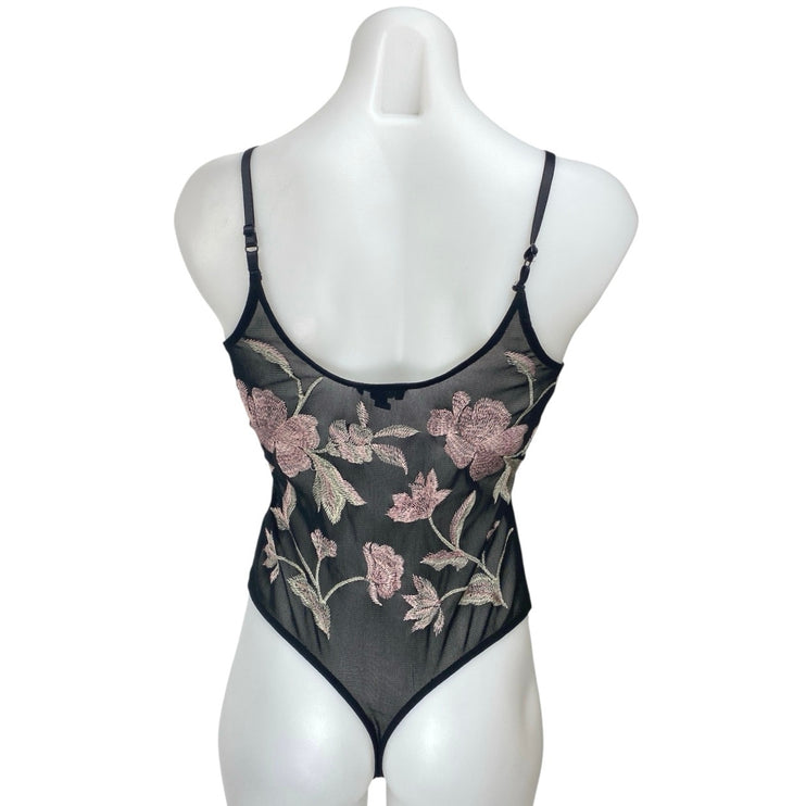 Express Black Pink Floral Embroidered Mesh Sheer Sleeveless Cami Bodysuit Top S