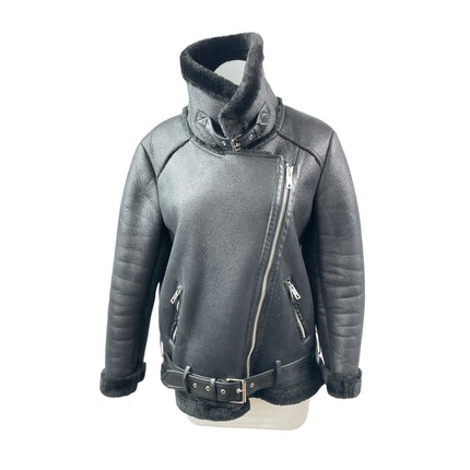 Ly Varey Lin Women's Black Faux Leather Fleece Moto Biker Aviator Jacket Size S